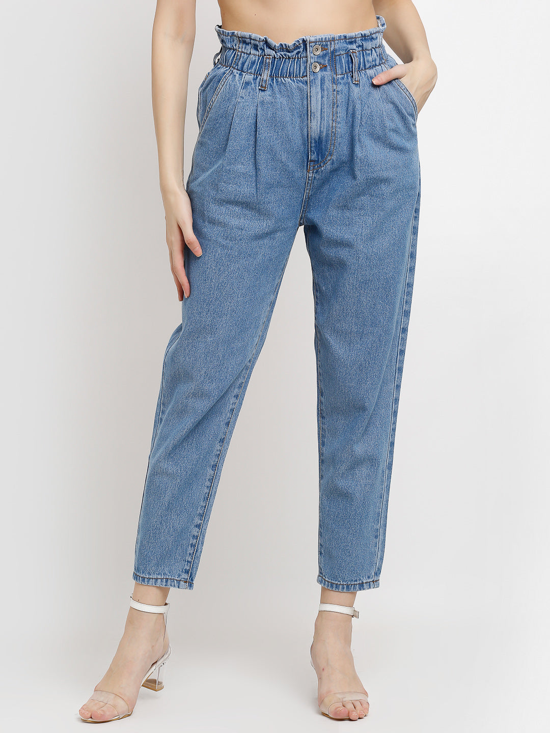 Women Loose Fit Paper Bag Blue Jeans