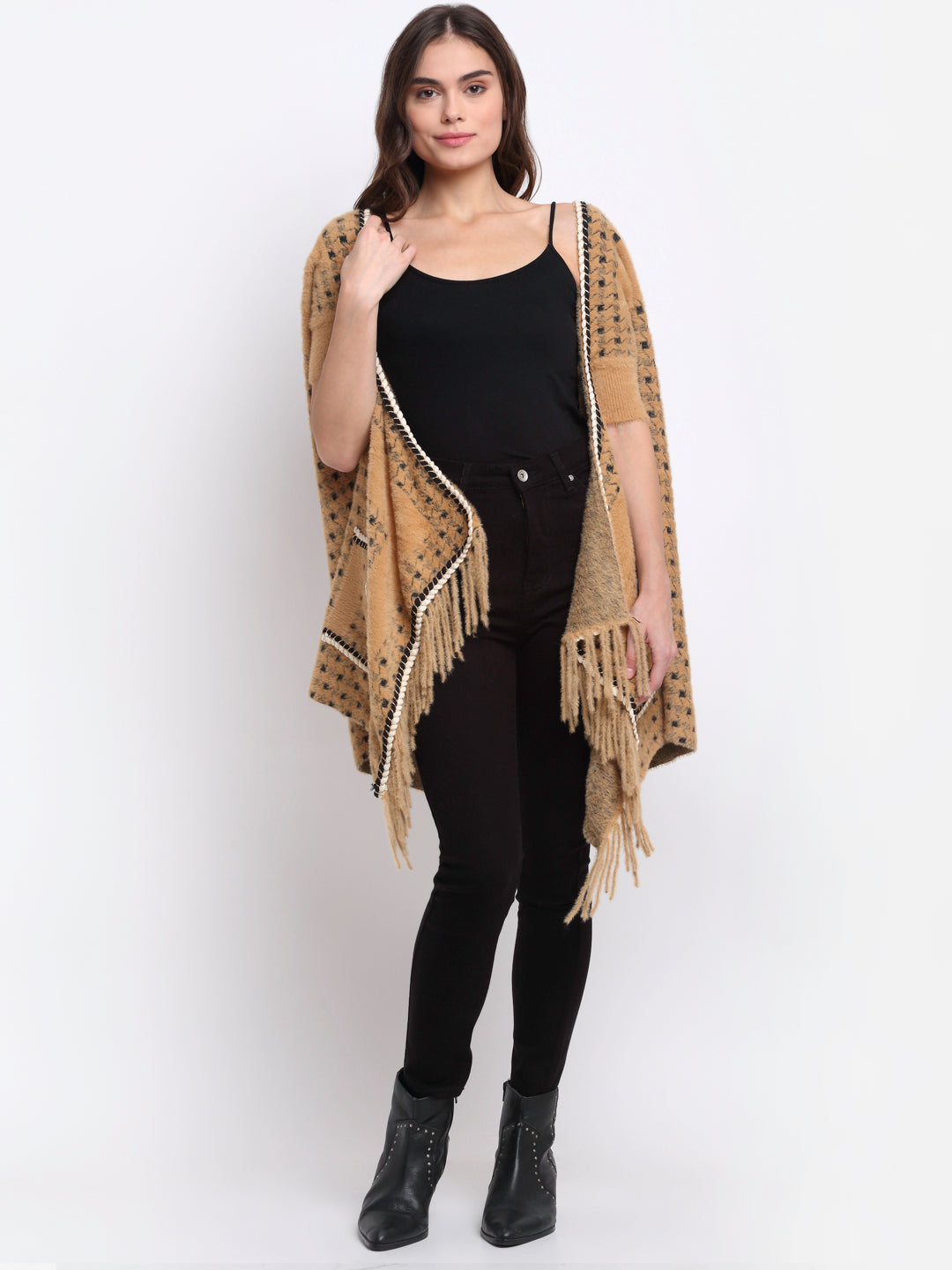 Women Brown Front Open Printed Knitted Shrug