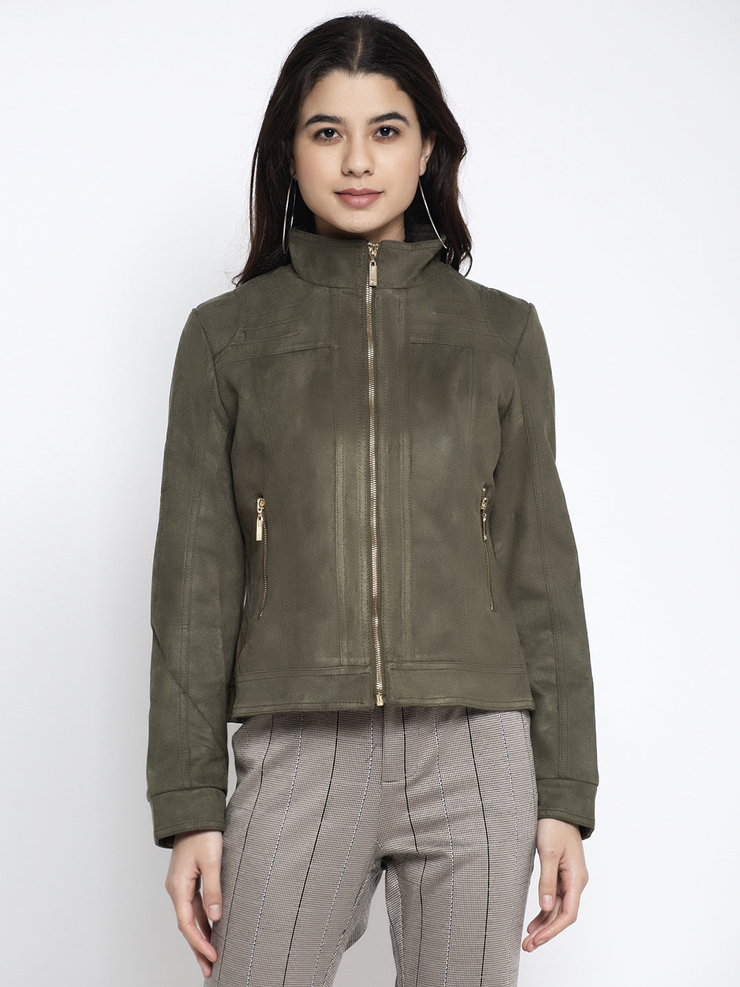 Women Green T- Neck Solid Jacket - Global Republic