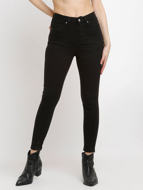 Women Mid Rise Solid Black Denim Skinny Jeans