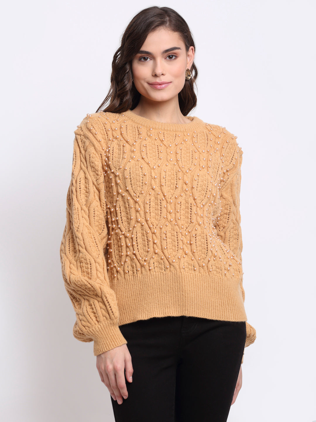 Women Brown Round Neck Solid KNIT Pullover