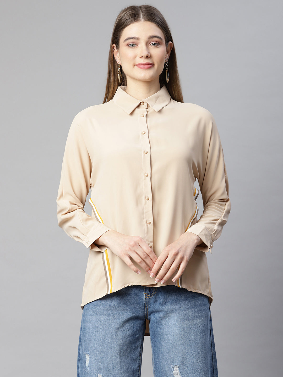 women beige striped long shirt