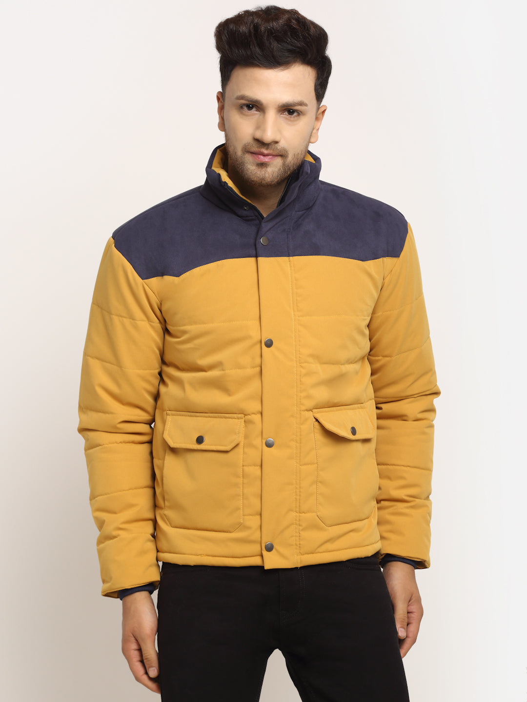Men Yellow High Neck Solid Jacket