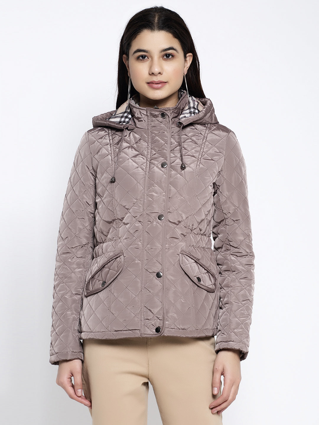 Women Brown Hooded Straight Fit Jacket