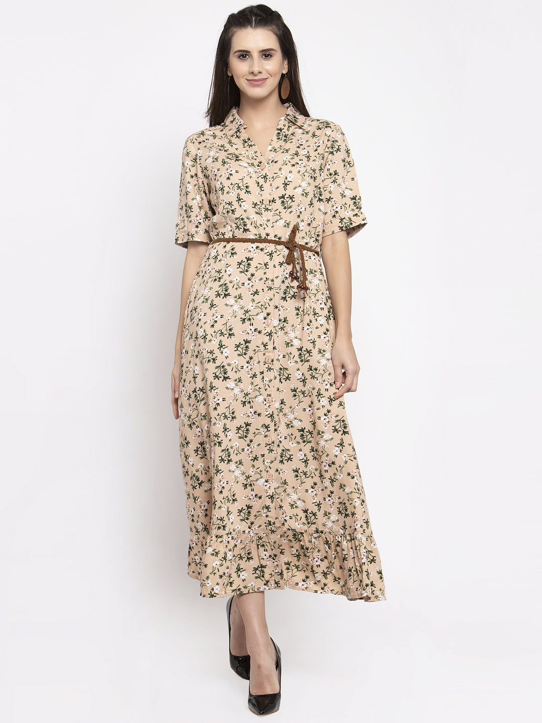 Women Printed Beige Shirt Collar Dress