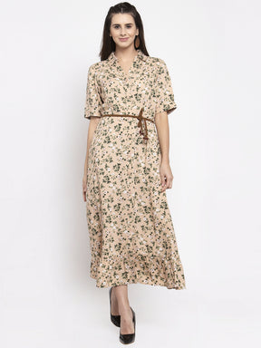Women Printed Beige Shirt Collar Dress