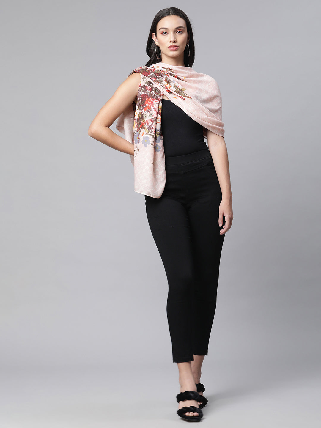 Women Dusty Peach Floral Printed Stole