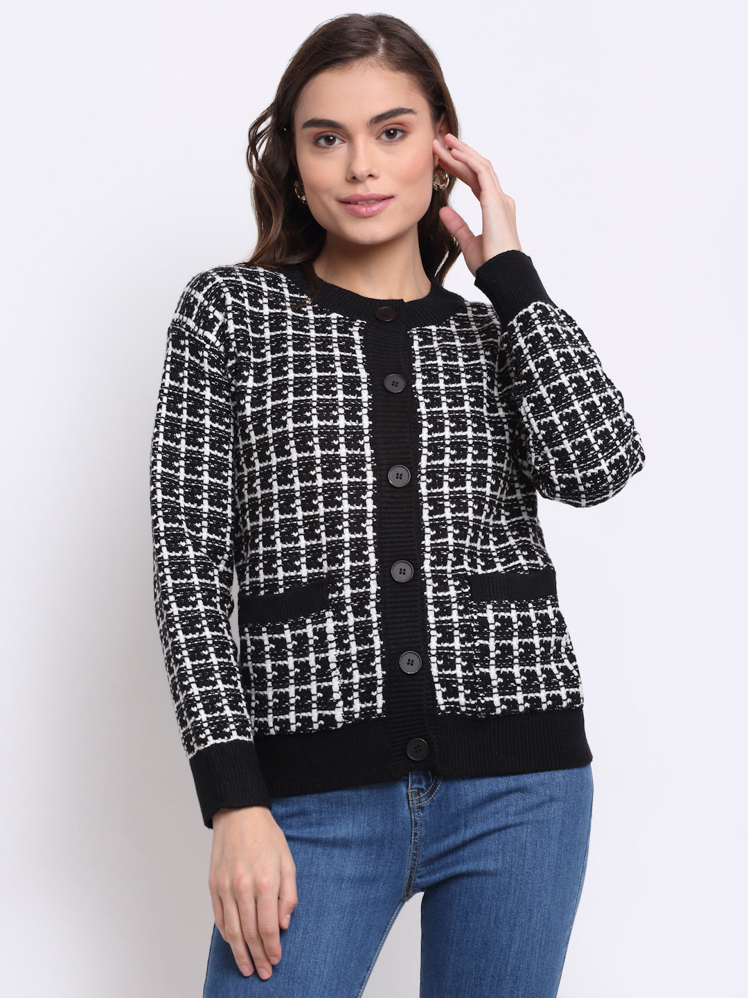 Women Round Neck Checked KNIT Cardigan With Black