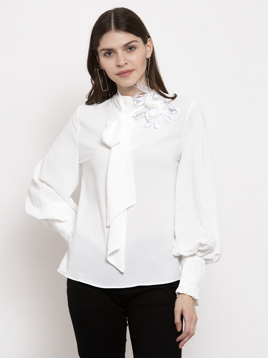 Women White Solid Round Neck Bishop Sleeves Top