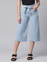 Calf-Length Sky Blue Denim Culottes For Women