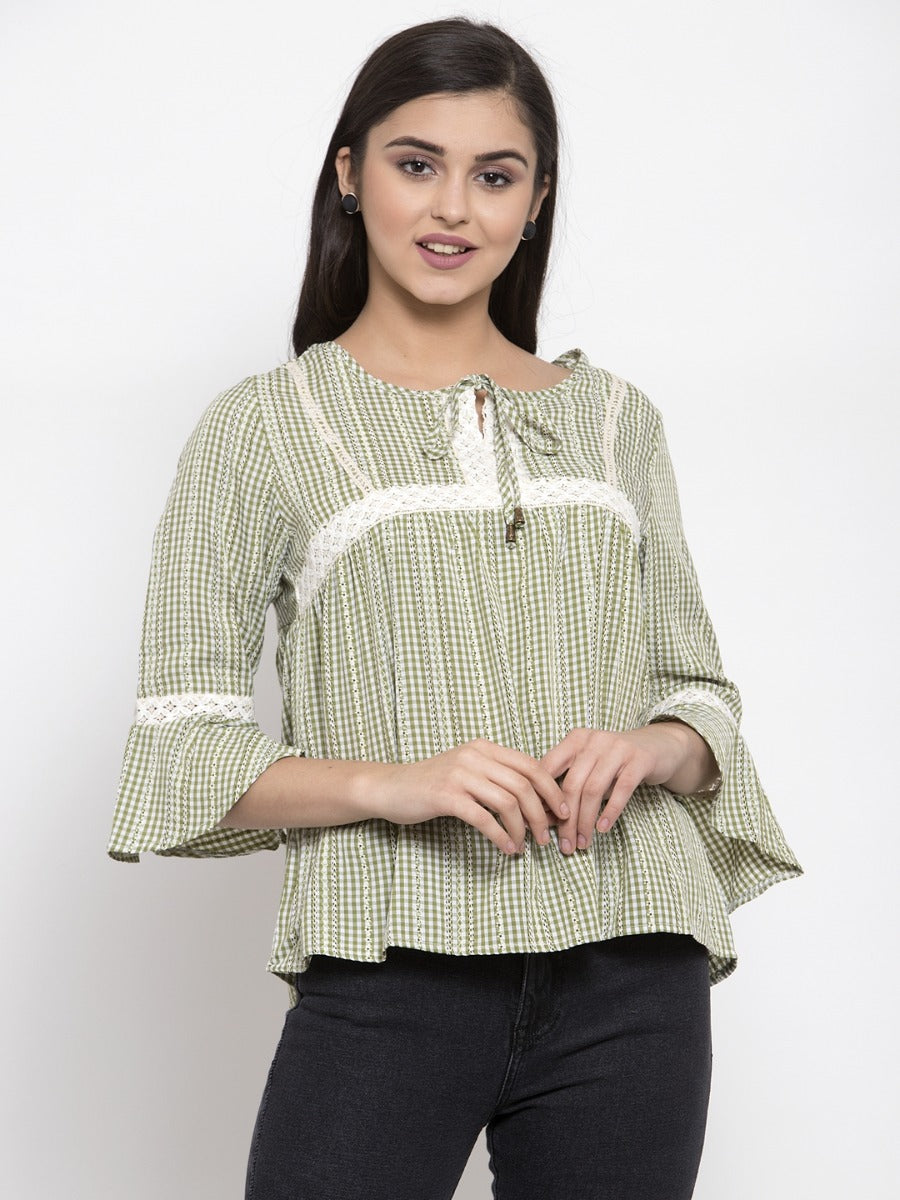 Women Checked Green Top With Crochet Details
