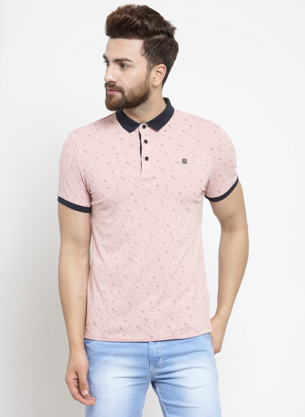 Men Pink Abstract Mini Lines Polo T-Shirt