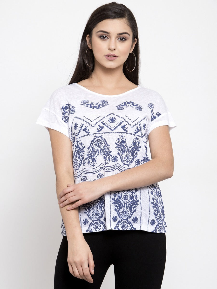 Women Embroidered White Round Neck T-Shirt