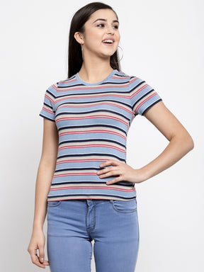 Women Striped Light Blue Round Neck Tshirt