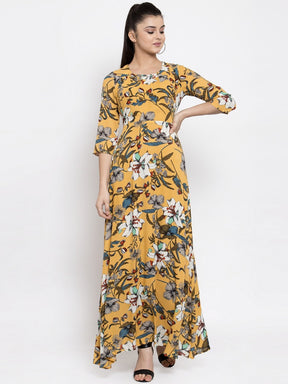 Women Printed Yellow Maxi Dress