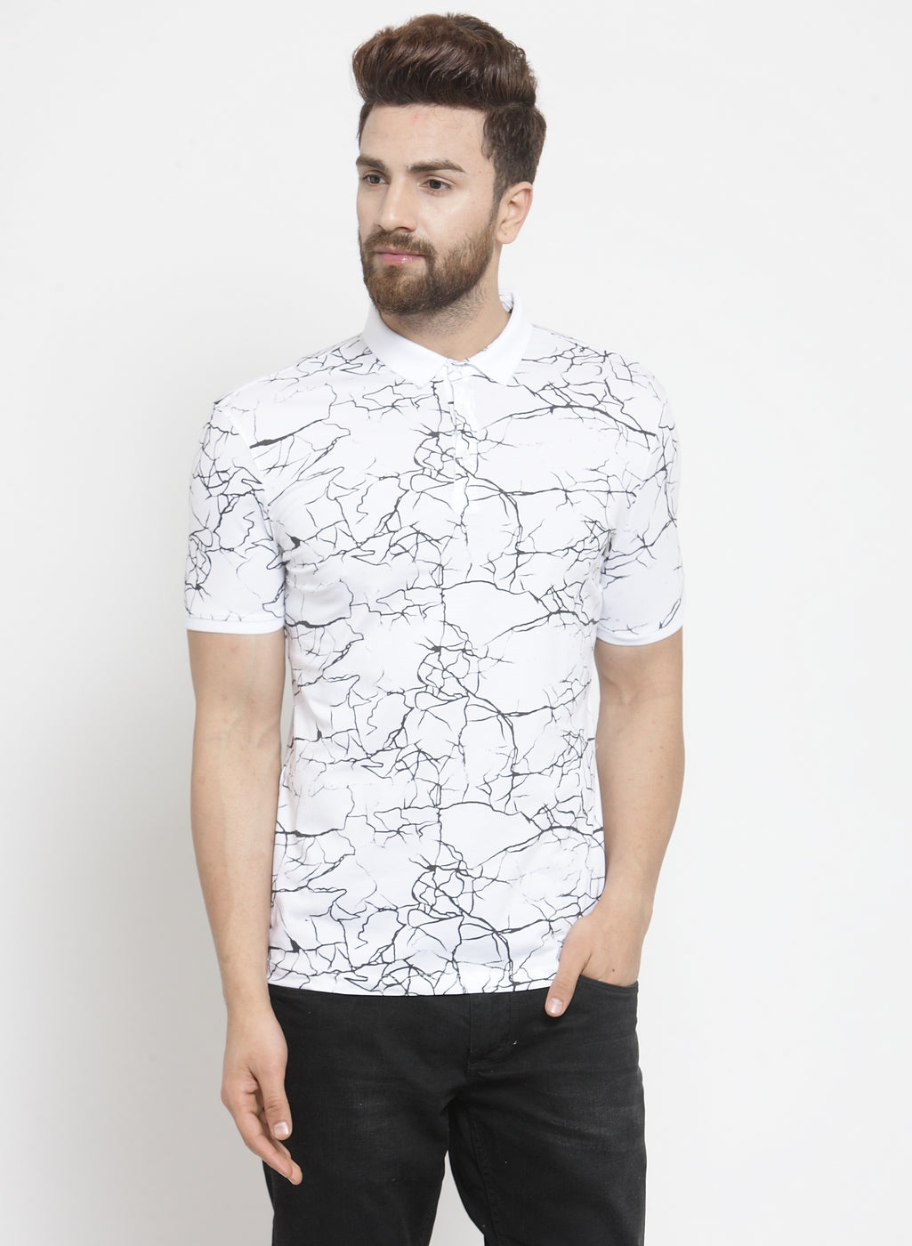 Men White Marble Printed Polo T-Shirt