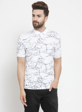 Men White Marble Printed Polo T-Shirt