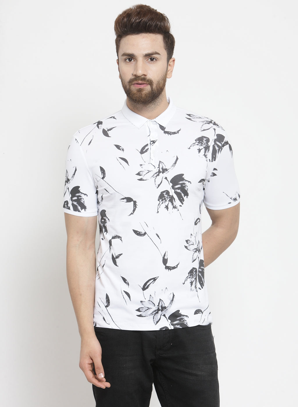 Men White Floral Printed Polo T-Shirt