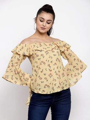 Women Flower Print Mustard Off Shoulder Top