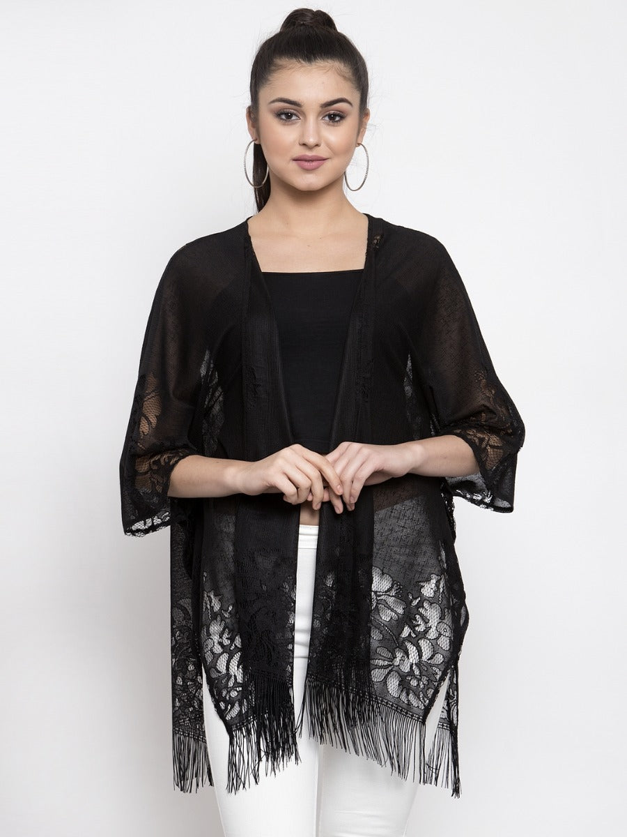 Women Solid Black Sheer Lace Shrug
