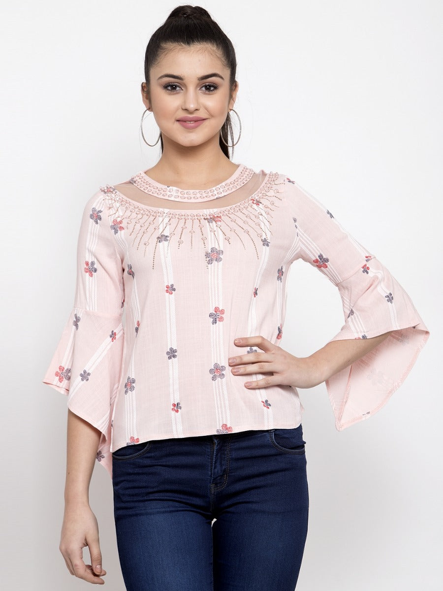 Women Pink Embroidered Top With Net Detail