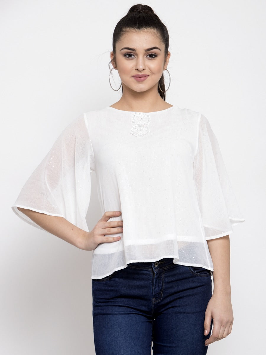 Women Solid White Sheer Top