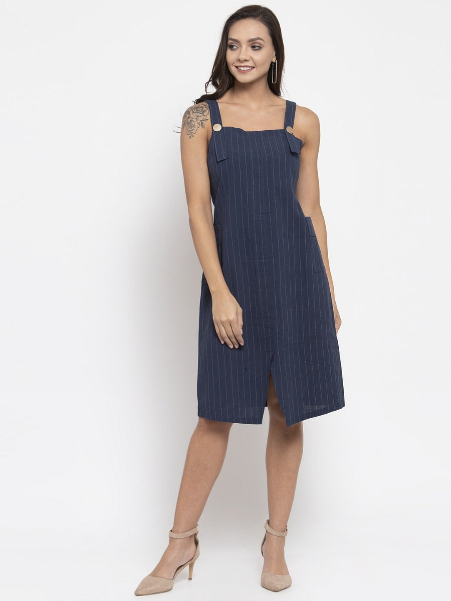 women striped navy blue pinafore dress