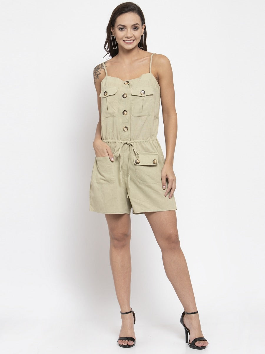Women Pista Green Playsuit With Pockets