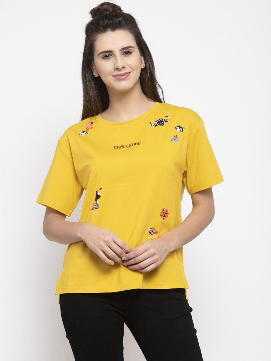 Women Printed Mustard Round Neck T-Shirt