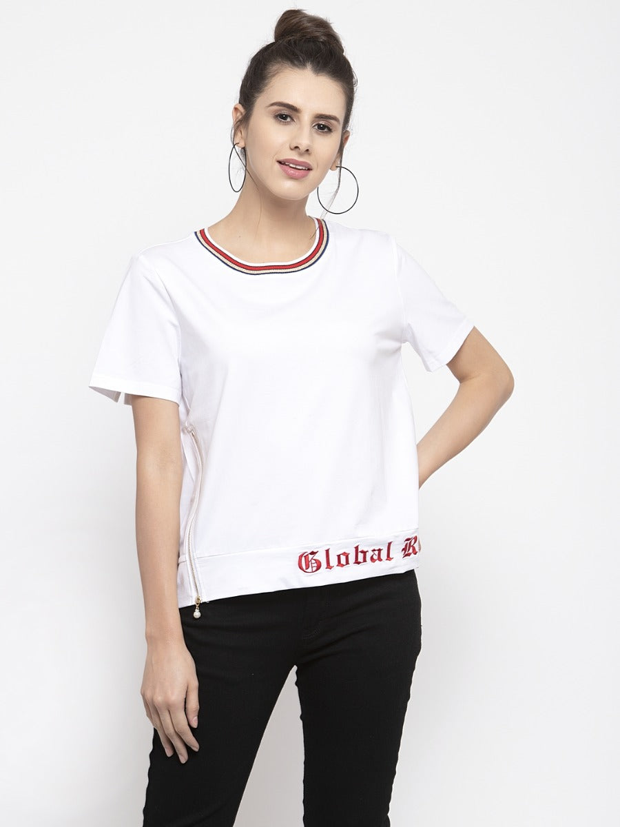 Women Solid White Round Neck T-Shirt