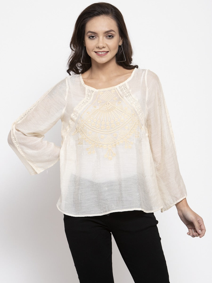 Women Cream Embroidered Top With Crochet Details