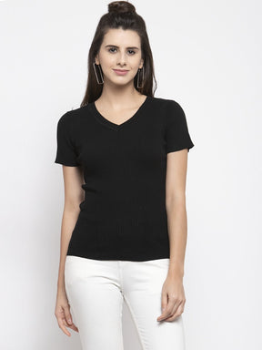 Women Solid Black V-Neck T-Shirt
