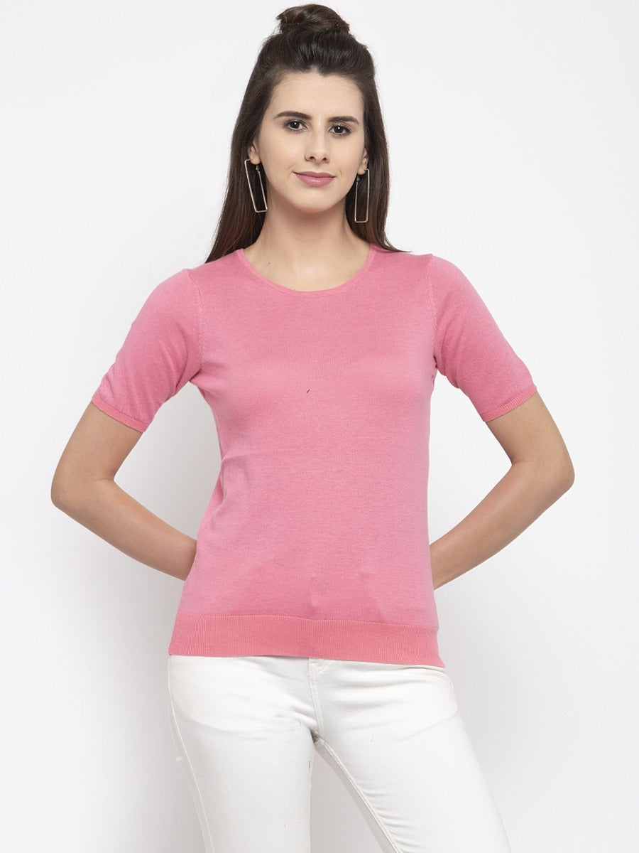 Women Solid Pink Round Neck T-Shirt