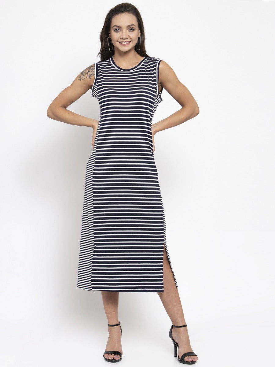 Women Navy Blue Striped Hosiery Dress