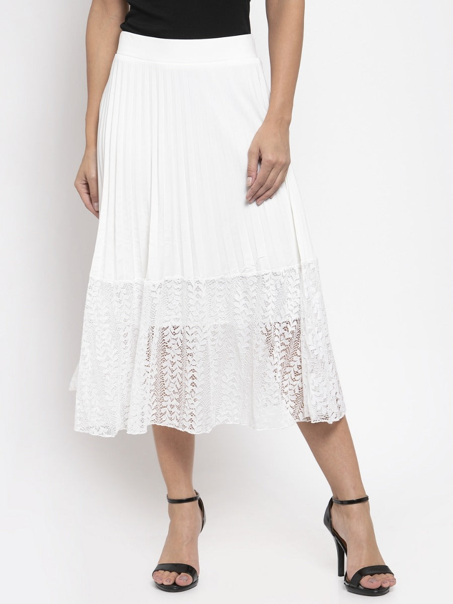 Women Solid White Pleated Skirt With Lace Panel