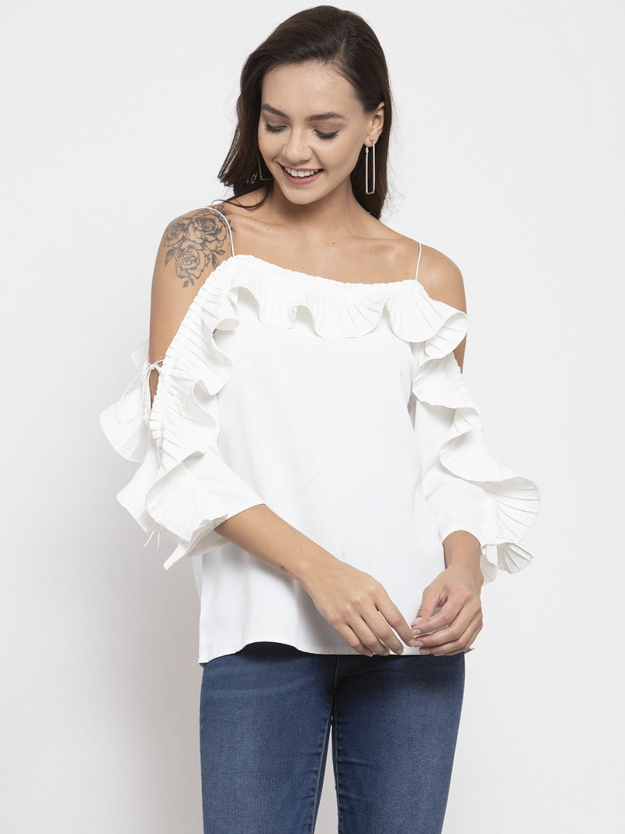 Women Solid White Off Shoulder Ruffle Sleeves Top