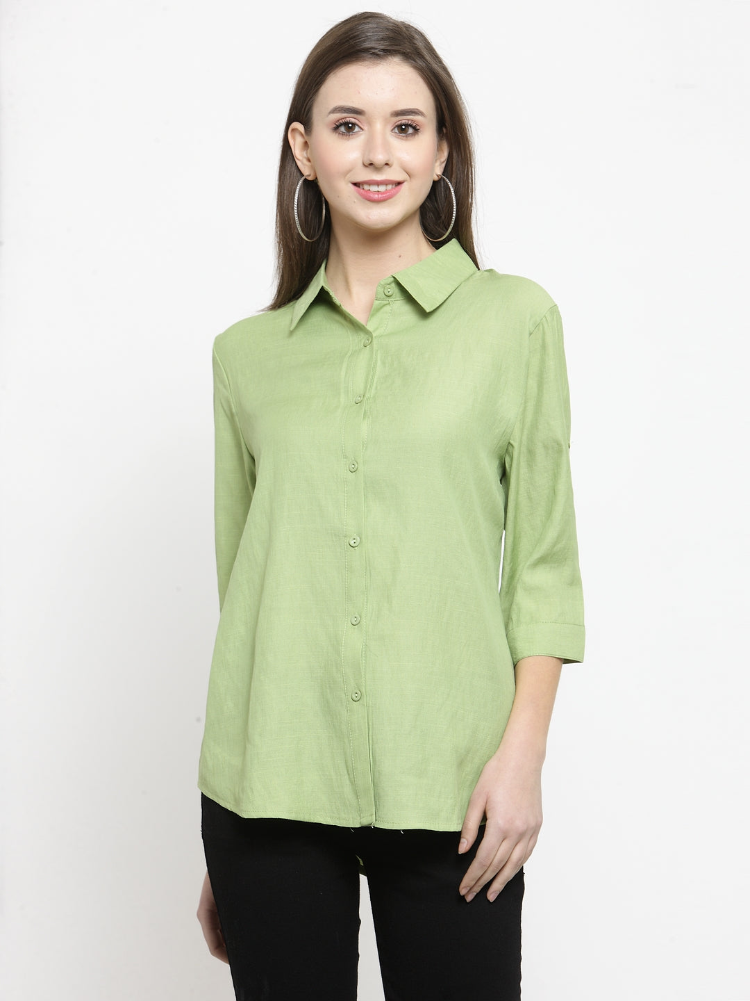 women lime green solid cotton shirt