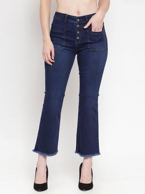 Women Dark Blue Denim Skinny Fitted Jeans With Buttons
