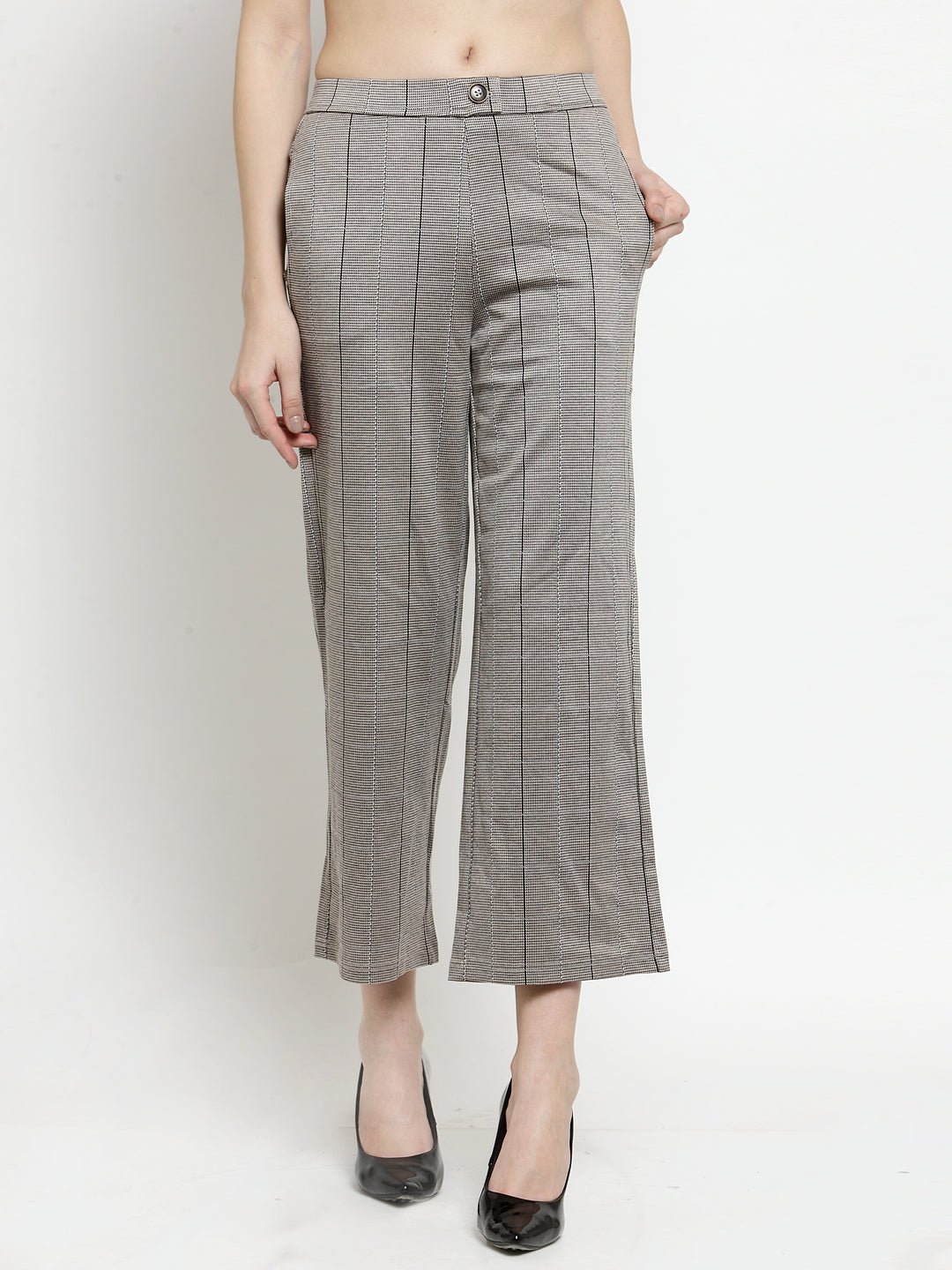 Women Brown Flared Trousers With Stripe Pattern