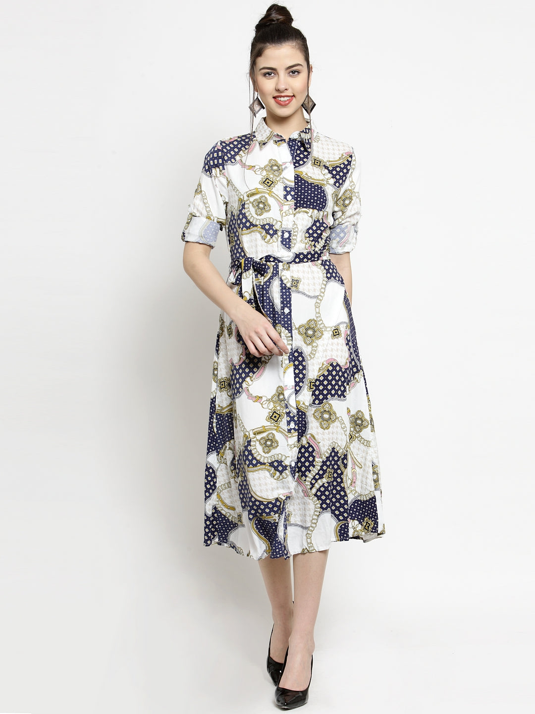 Women White Baroque Shirt Collarprinted Dress