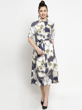 Women White Baroque Shirt Collarprinted Dress