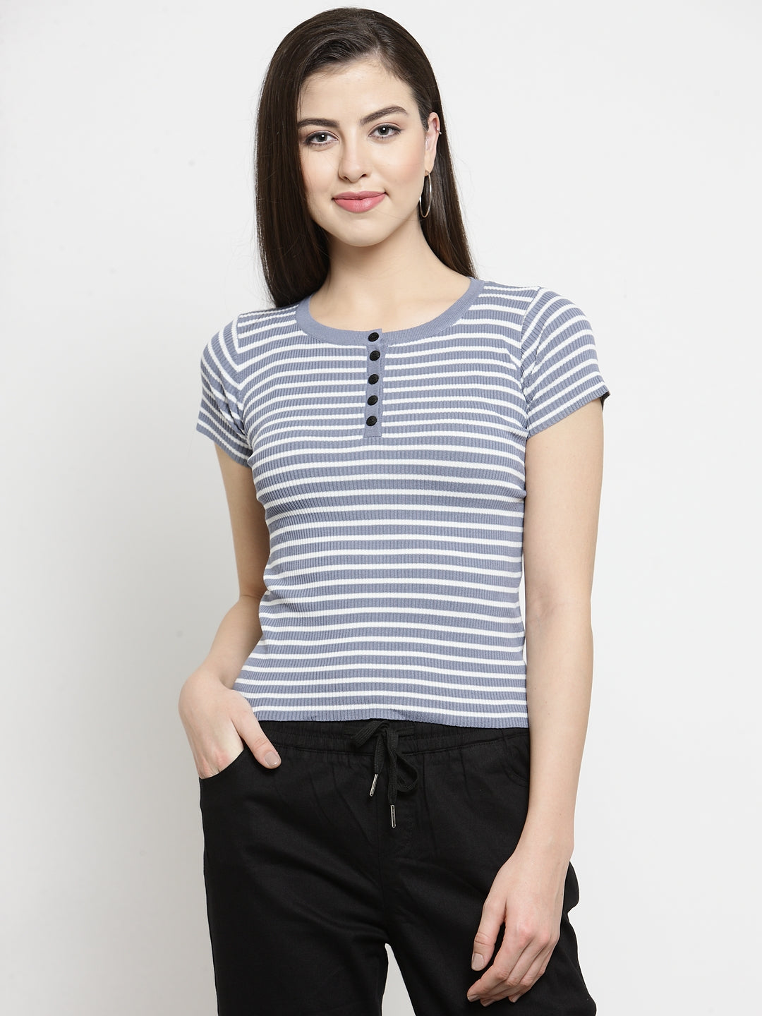 Women Striped Denim Round Neck T-Shirt