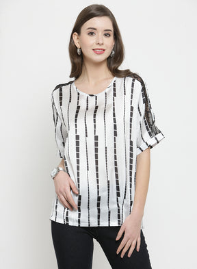 Women White Printed Top With Net Detail