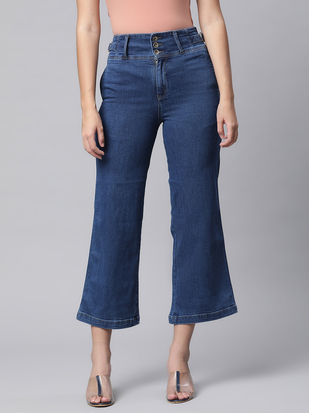 Women Dark Blue Cotton Blend Culottes Jeans - Global Republic