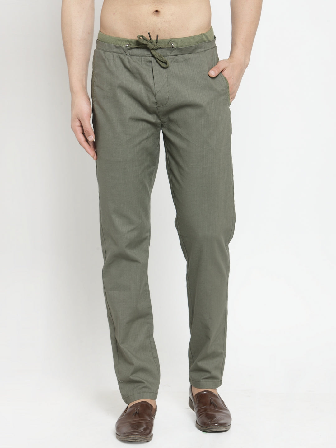 Mens Olive Green Solid Regular Fit Lower