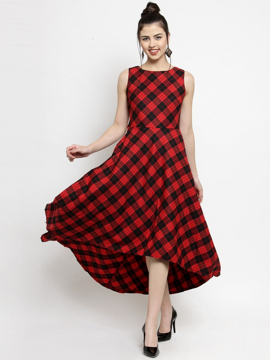 Women Checked Red Round Neck Maxi Dress