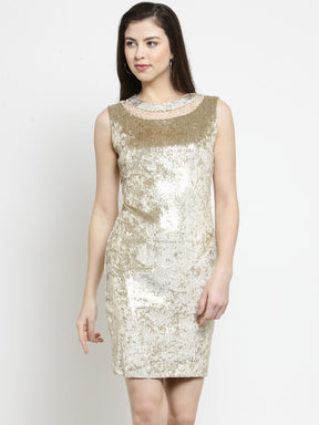 Women Sequined Gold Dress With Embellished Neck