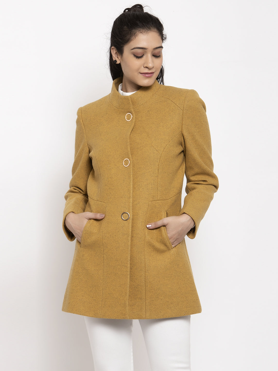 Women Mustard Long Sleeves Solid Coat