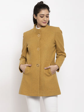 Women Mustard Long Sleeves Solid Coat