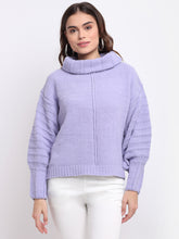 Women Purple High Neck Solid Knit Pullover